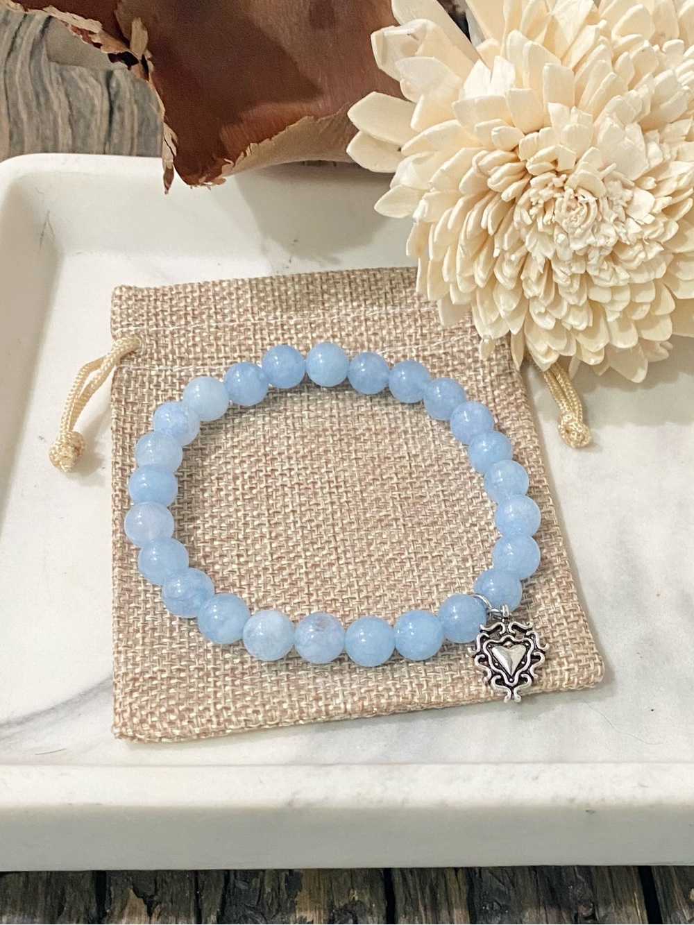 Sky Blue Beaded Stretch Bracelet with Flaming Heart Charm
